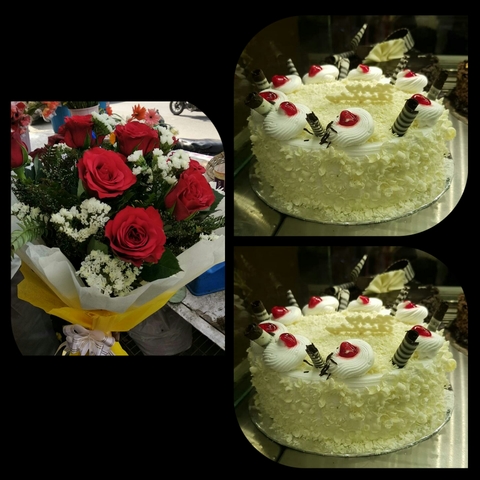 White Forest Cake With Flowers Combo